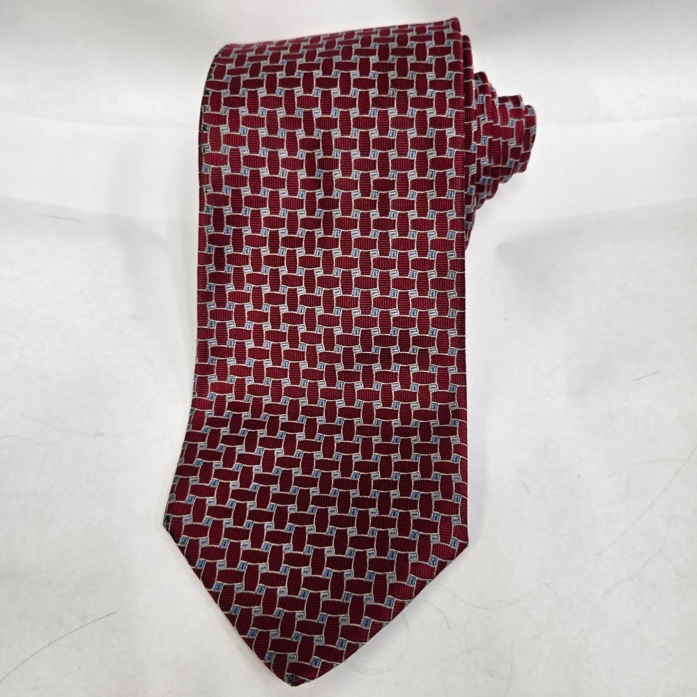 Brooks Brothers 346 Mens Silk Necktie Burgundy Red Geometric Basketweave Tie